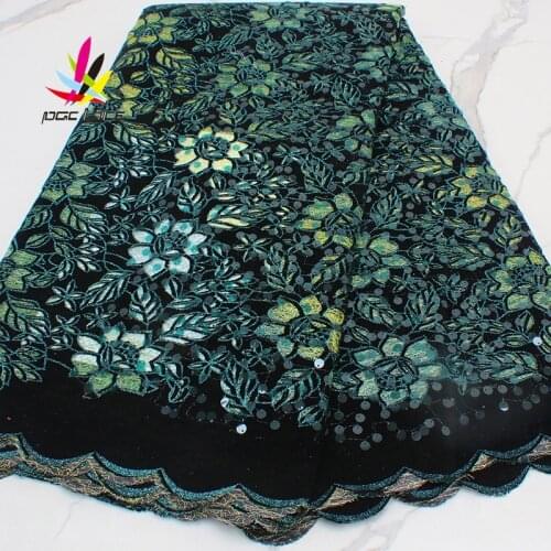 2021 Flocking Velvet Sequin Lace Fabric Beautiful Mess French Aso-ebi Glitters Green inspired Wear for Occasions Celebrants