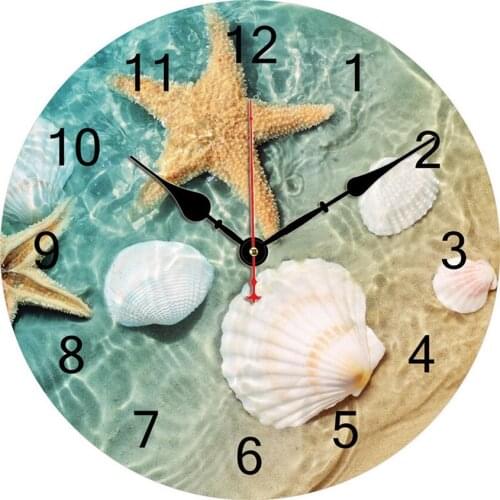 3D Beautiful Summer Beach Shell Starfish Print Round Wall Clock Decorative Watch Wall Sea Creations Shell Large Wall Clock