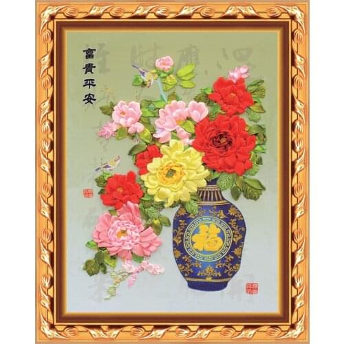 50x58cm 3D peony flower vase Ribbon embroidery kit stain painting set handcraft kit DIY handmade needlework art home decor plus