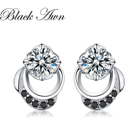 [BLACK AWN] Genuine 925 Sterling Silver Jewelry Black Spinel Stone Cute Engagement Stud Earrings for Women T096