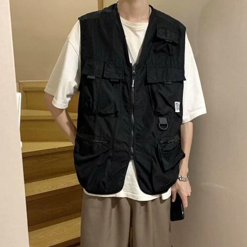 #1515 Black Tooling Vest Men Summer Thin Streetwear Hip Hop Korean Streetwear Sleeveless Jacket Clothes Basic Tops Casual