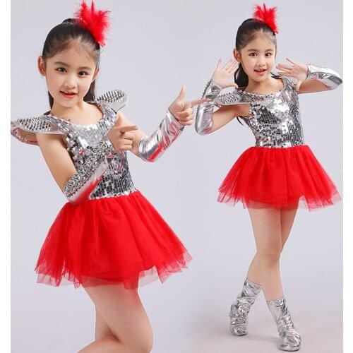 Children Jazz Dance Dress Girls Red Sequins Princess Modern Dance Costumes For Kids Halloween Costume Performance Suit