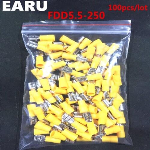 FDD5.5-250 FDD5-250 Female Insulated Electrical Crimp Terminal for 4-6mm2 wire Connectors Cable Wire Connector 100PCS/Pack FDD