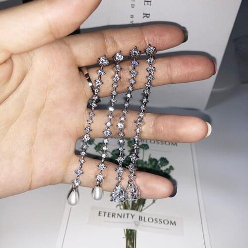 New Luxury Exquisite S925 Silver Super Flash Long Drop Pearl Jewelry Ms. Engagement Wedding Gift Earrings