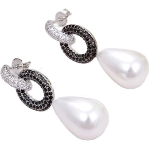 GG Jewelry Natural Teardrop White Sea Shell Pearl Cz Pave Stud Earrings For Women