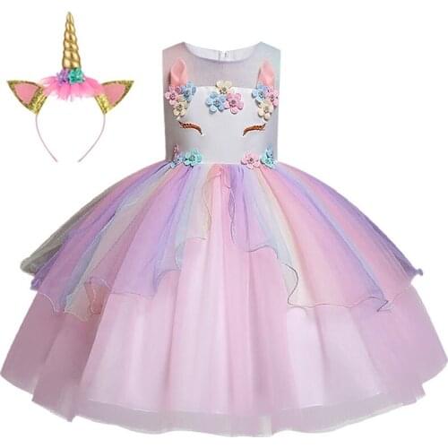 2019 summer new unicorn high-end childrens princess dress baby rainbow mesh party dress girl role-playing pony childrens wear