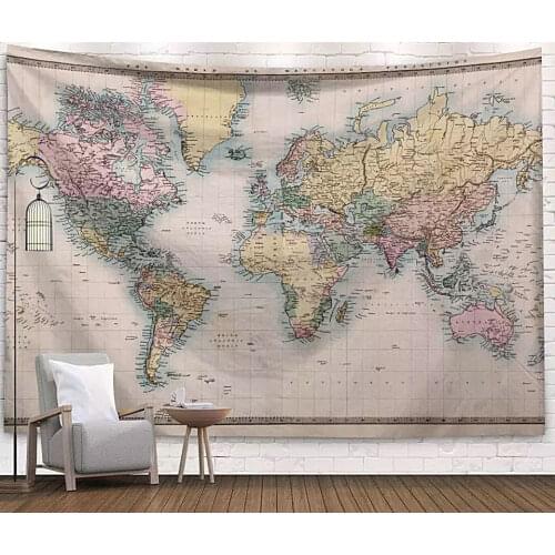 Colorful World Map Pink Tapestry Vintage Exotic Summer Plant Nature Frame for Bedroom Photography Wall Decor