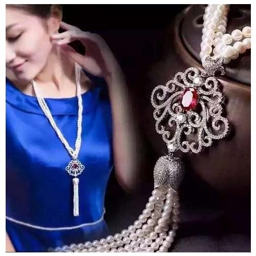 Free shipping 3Strands 6-7mm White Pearl micro inlay zircon CZ Necklace Pendant 925 silver