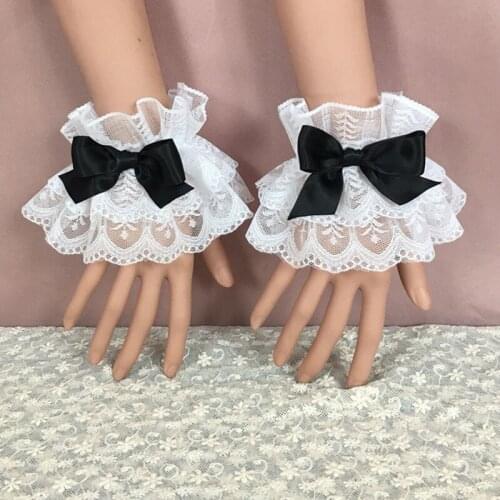 Japanese Lolita Hand Wrist Cuffs Bowknot Lace Trim Cosplay Maid Accessories For Women Girl Party Hand Ornament Hand Sleeve