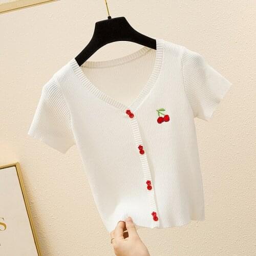 Fashion Womens Knitwear 2021 Summer Cherry Embroidered Knitwear Short Sleeve Slim Pullover Slim Stretch Short Top