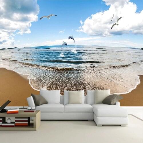 Custom Mural Papel De Parede 3D Blue Sky White Clouds Seaside Landscape Sandy Beach Photo Background Wall Painting Living Room