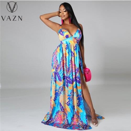 VAZN 2021 New Vacation Bohemian Chiffon Maxi Long Cake Dress Sexy Halter Sleeveless Backless Young Women For Evening Robe