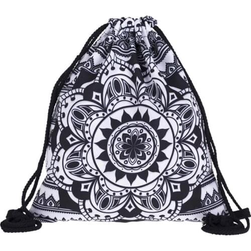New Fashion Women MANDALA BLACK Drawstring Backpack 3D Printing Travel Softback Women Mochila Drawstring Bags Bundle pocket rope