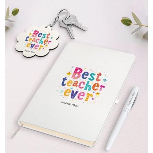 Personalized Best Teacher White Notebook Pen And Keychain Gift Seti-12