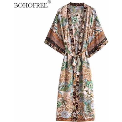 Vintage chic women green floral print bat sleeve rayon beach Bohemian robe kimono Ladies V neck sashes Boho dress vestidos