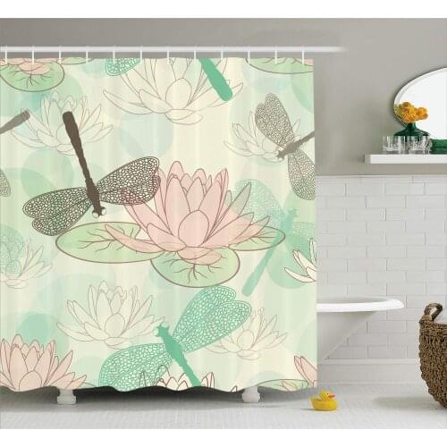 Floating Water Lily and Dragonfly Figures on the Lake in Mild Soft Color Designed Print
