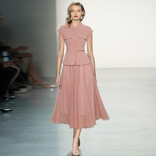 Runway New Stand collar Single Breasted Slim top+ Elastic Waist Huge Swing Mesh Long Skirt Skirt Suit 210418MZ03