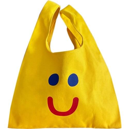 Cute Smiling Face Canvas Tote Handbag Yellow Printing Portable Environment-friendly Reusable Ladies Cartoon Shopping Bags Bolsa