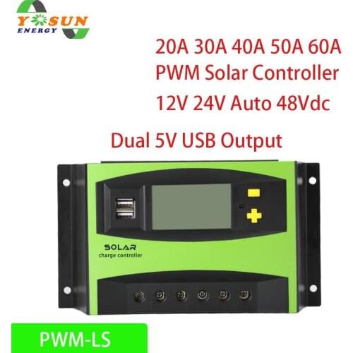 PWM Solar Controller 12V 24V Auto Sensing 48Vdc 20A 30A 40A 50A 60A With Dual 5V USB Output LCD Display For All Solar Panel