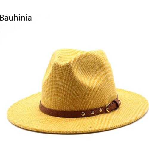 Bauhinia Fashion Simple Winter Wool Fedora Hat With Belt Women Men British Style Hats Wide Brim Panama Top Jazz Cap