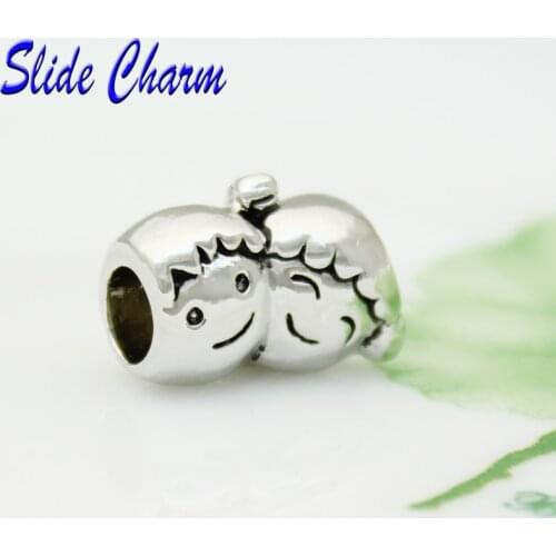 Slide charm wholesale Free shipping Cute twins siblings charm beads fit Pandora bracelet