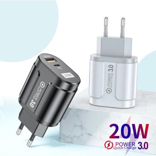 20W Fast PD USB Charger Quick Charge 3.0 Type C Fast Charging Charger For IPhone 12 Xiaomi Samsung USB Wall Travel Charger