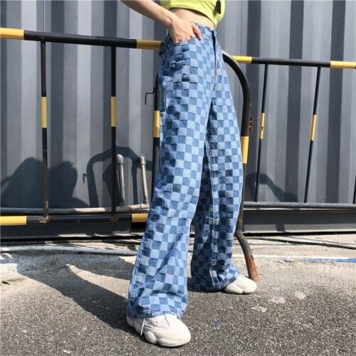 2020 New Spring Pants Female Korea Ins Harajuku Style Sub-washing Retro Denim Lattice Loose Straight Pants Men And Women Tide