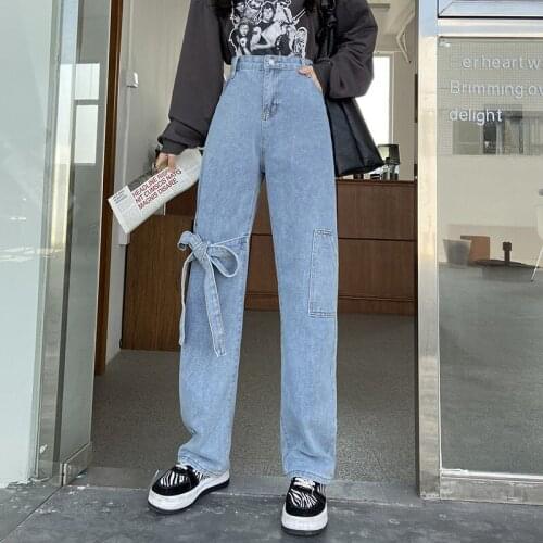 Womens jeans autumn Korean version traf Pants pure color bow knot high waist loose and thin jeans casual straight women pants