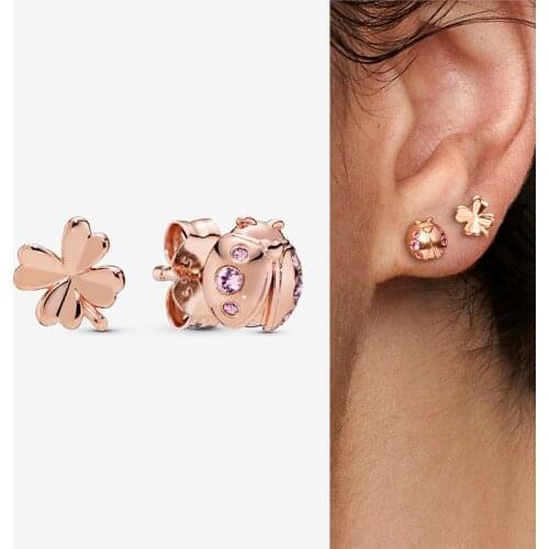 100% 925 Sterling Silver Pan Earring Golden Four Leaf Clover And Ladybug Earrings For Women Wedding Gift Fashion Jewelry