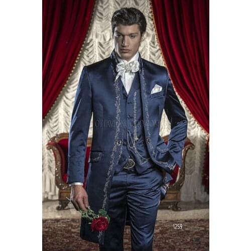 Handsome Mens Suits Embroidery Groom Tuxedos Groomsmen Wedding Party Dinner Best Man Suits Blazer (Jacket+Pants+Vest) NO:333