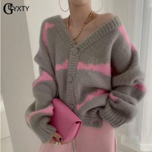 GBYXTY Pull Femme Korea Oversized Cardigan Coat for Women V-neck Long Sleeve Striped Sweater Cardigan Streetwear ZA2567