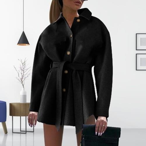 Winter Wool Coat Women Solid Color Single-Breasted Folded Collar Jacket Coat Women Wool Blend Belted Woolen Coat Femme Overcoat