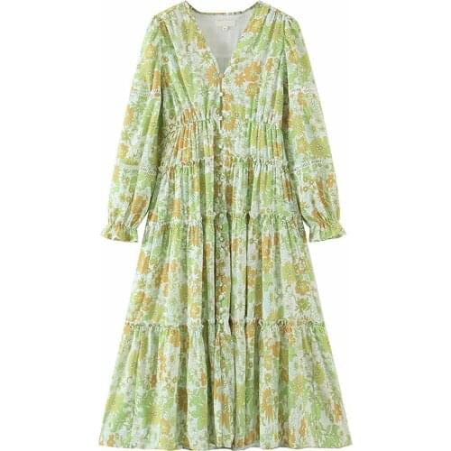 YENKYE Summer Women Green Floral Print Boho Holiday Dress Female Long Sleeve V Neck Big Swing Sundress Vestido Chiffon Robe