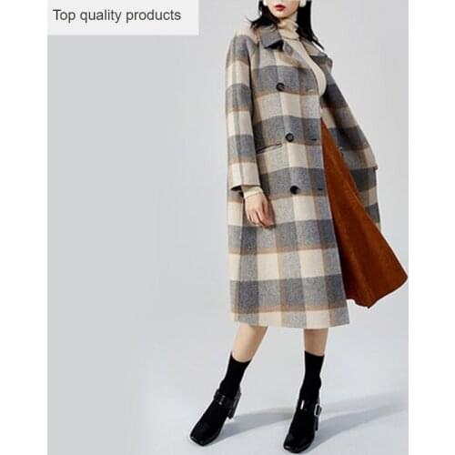 Autumn Winter Coat Women Wool Coat 2020 Fashion Ladies Double Breasted Overcoat Womens Plaid Long Trench Coat manteau femme L217