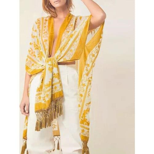 Women Loose Chiffon Kimono Cardigans Floral Print Half Sleeve Knitted Tassels Cardigan Capes Summer Beach Boho Bikini Cover Ups