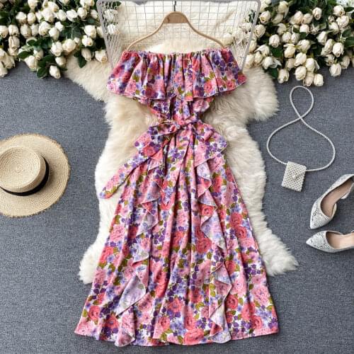 Teeuiear Boho Vintage sexy off shoulder Summer Floral Print Bandage Long Dress Women ruffles Elegant Beach Holiday Tunic Dress