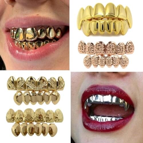 Golden Hip Hop Up and Bottom Grillz Teeth Brace Punk Rock Dental Mouth Fang Grills Vampire Cap Cosplay Party Rapper Jewelry Gift