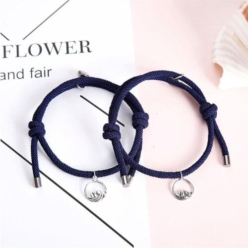 2PCS/Set Alloy Couple Magnetic Attraction Ball Wave Charms Bracelets Creative Rope Silver Couple Braided Adjustable Bracelet