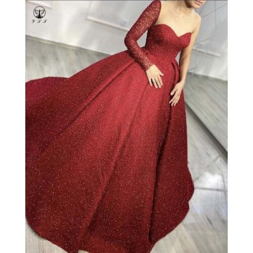 2021 Classic Illusion O Neck Long Sleeve Beaded Bling Bling Sequin Lace Burgundy Ball Gown Evening Dresses