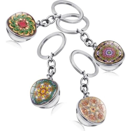 Mandala Time Keychain Trendy Solar System Art Picture Glass Ball Key Chain Moon Earth Double Side Pendant Jewelry