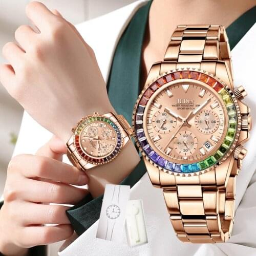 Biden Brand Lady Dress Watch Calendar Colorful Rhinestone Dial Casual Business Women Wristwatch Silver Stainless Steel Fashion