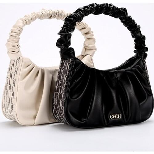CHCH Fashion Pleated Handle Bags Women Solid Color Cloud PU Leather Letter Shoulder Bags Armpit Bag Leisure Small Tote