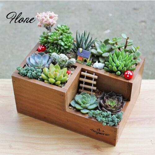 Flone Retro Artificial fake Succulent Plant home decor Vase Wooden Storage Box Multi-function Desktop Wooden Box Flower Vase