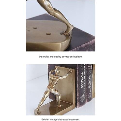 1 Pair Decorative Book Shelf Bookends, Golden Man Pushing Book Support, Book Stopper Ornaments Resin Craft for Home Cabinet