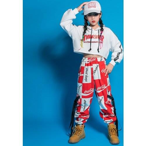 Kids Jazz Dance Hip Hop Costumes Girls White Navel Tops Hoodie Jogger Casual Pants Street Dance Performance Clothes For Children