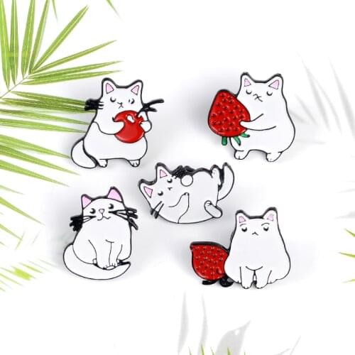 Fruit cute fat white cat enamel pin cherry strawberry kitten cartoon animal badge men and women punk cloth lapel brooch jewelry
