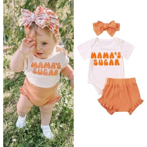 Emmbaby 3 Pcs Infant Baby Girls Clothes Mamas Sugar Letter Print Short Sleeve Bodysuits + Ruffle Knitted Shorts + Bow Headband