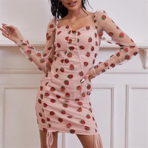 2021 Strawberry bodycon dress Y2K Sexy Bodycon Pink Strawberry Short Dress Tight Crinkle Dresses High Waist Cute Dresses V