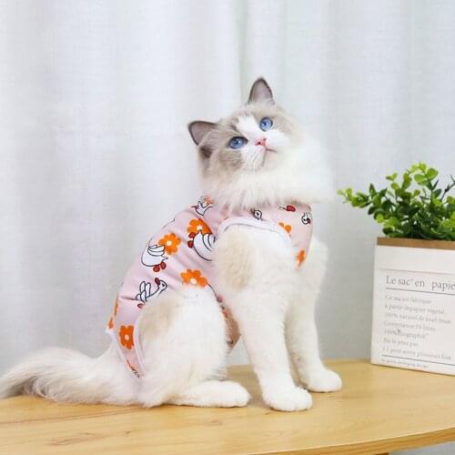 Cat Surgery Recovery Suit Printed Sleeveless Pet Tops Shirt Back Hook & Loop Closure Breathable Costume For Dog He