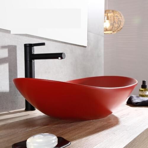 Red Inner White Oval Thin Edge China Vintage Style Ceramic Art Basin Sink Counter Top hotel Bathroom Sink ceramic wash basin